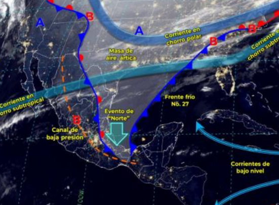 El frente frío número 27 ocasionará lluvias muy fuertes en regiones de Chiapas, Oaxaca, Tabasco y Veracruz