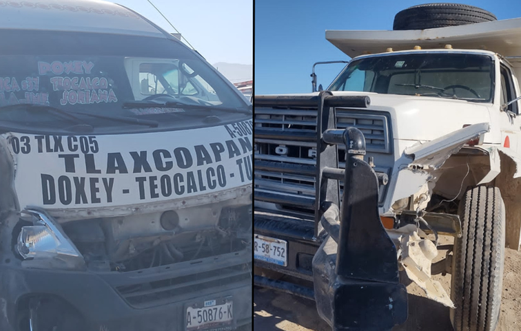 Choca Urvan y camión de volteo en Tlaxcoapan