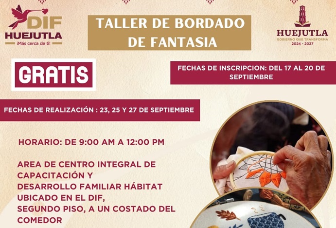 DIF Huejutla invita a participar en el Taller de Bordado de Fantasía