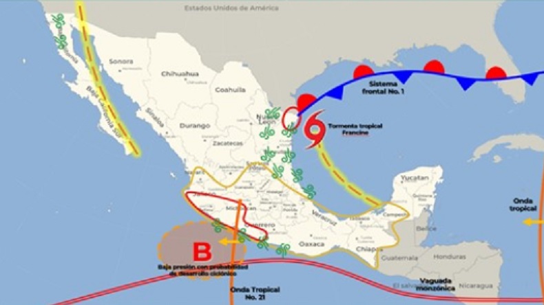 La tormenta tropical Francine se ubica a 190 km al este de Barra El Mezquital, Tamaulipas